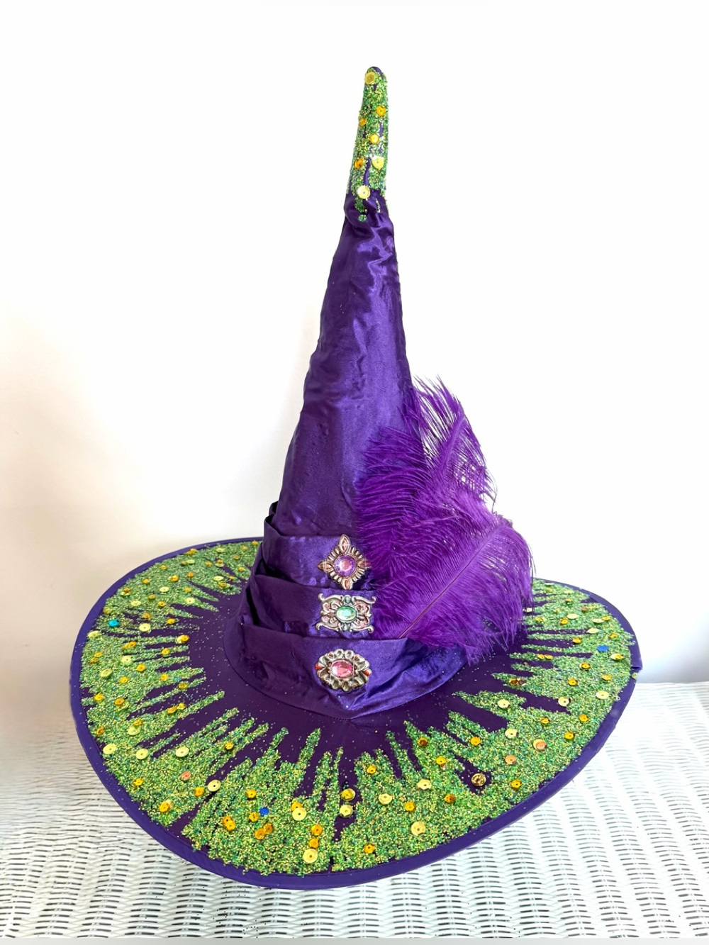 Purple Witch Hat satin ostrich feathers Green sparkle Trim brim one size adult - Picture 2 of 12